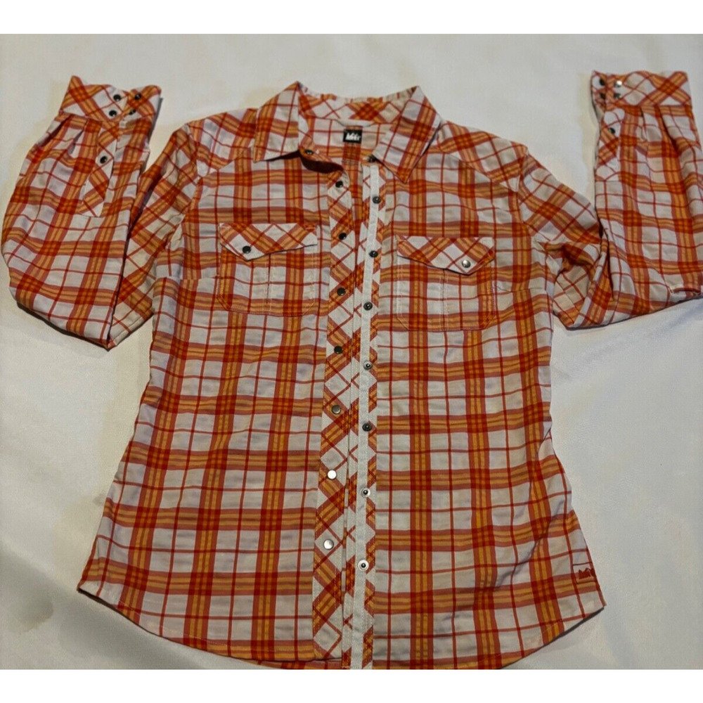 REI Shirt Womens plaid‎ Snap Long Sleeve Pocket Coral XXS outdoor hiking chore